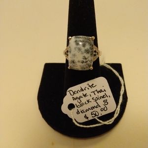 Dendrite agate, Thai black spinel, diamond ring. Size 8. New